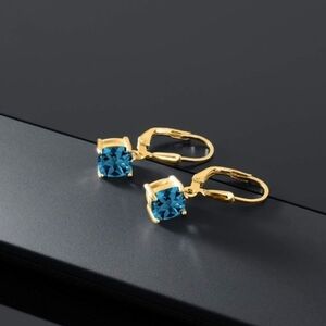 18K Yellow Gold 2.35ct Blue London Topaz Cushion Earrings Silver 925